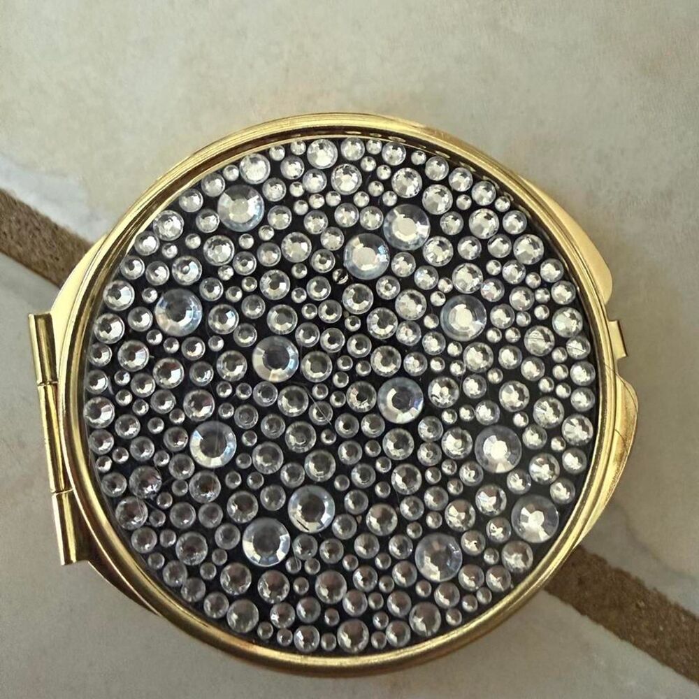 Rhinestone and Gold compact mirror with silver rhinestones